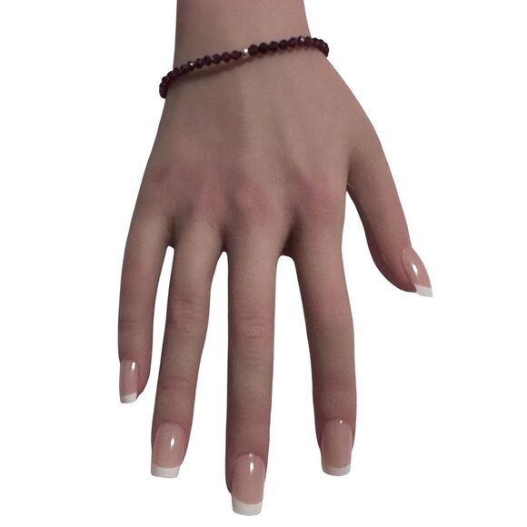 Garnet Micro Faceted Gemstone Beaded Stretch Bracelet 14K Gold Accent Bead - Picture 6 of 8